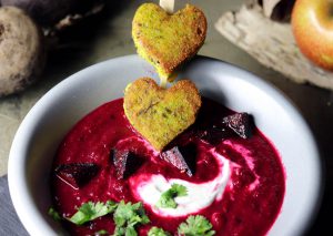 Beetroot apple soup with polenta hearts