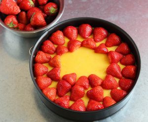 Placing the strawberries on the custard layer