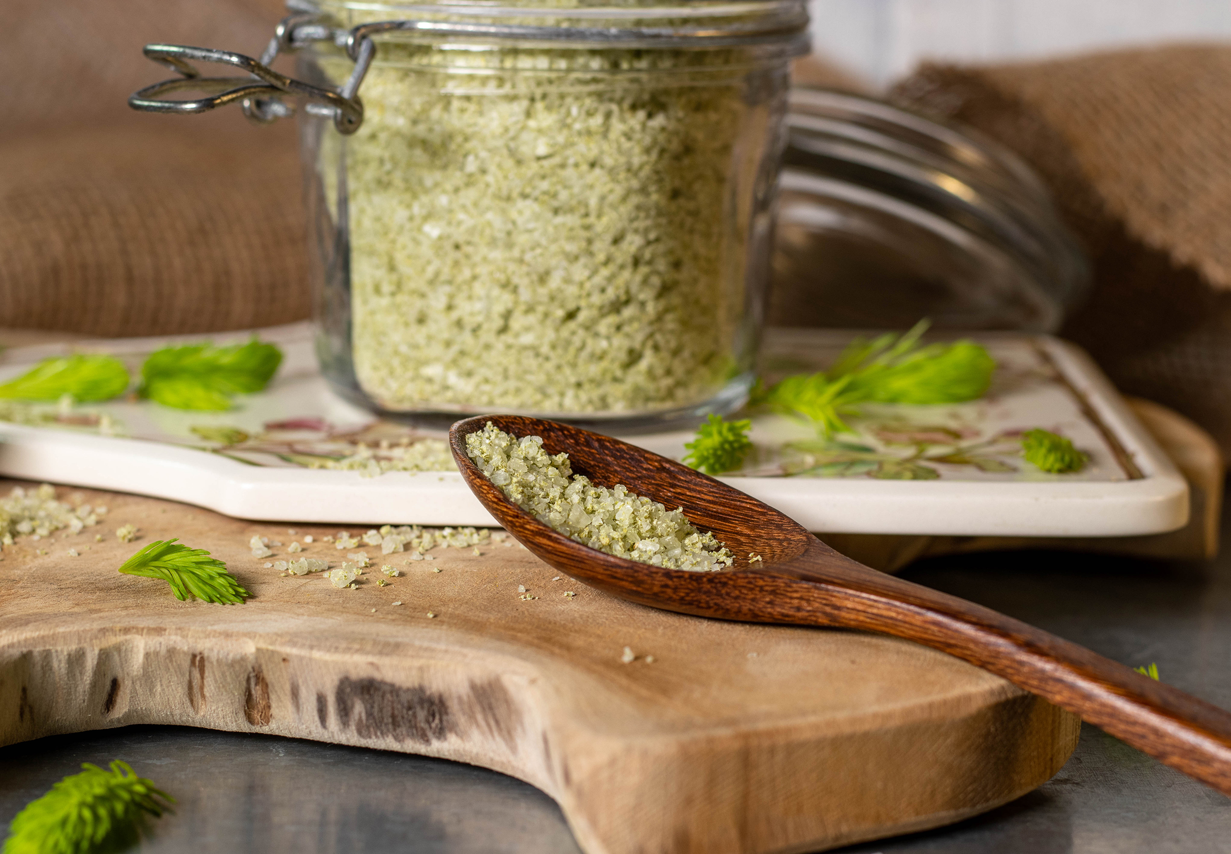 Spruce salt – herbal salt made from foraged, young spruce tips