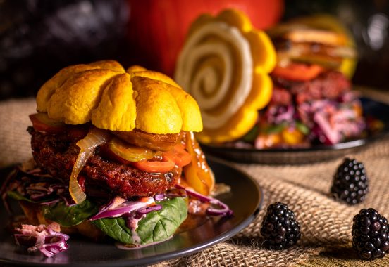 Vegan autumn burger – meaty patty with cole slaw in a pumpkin bun