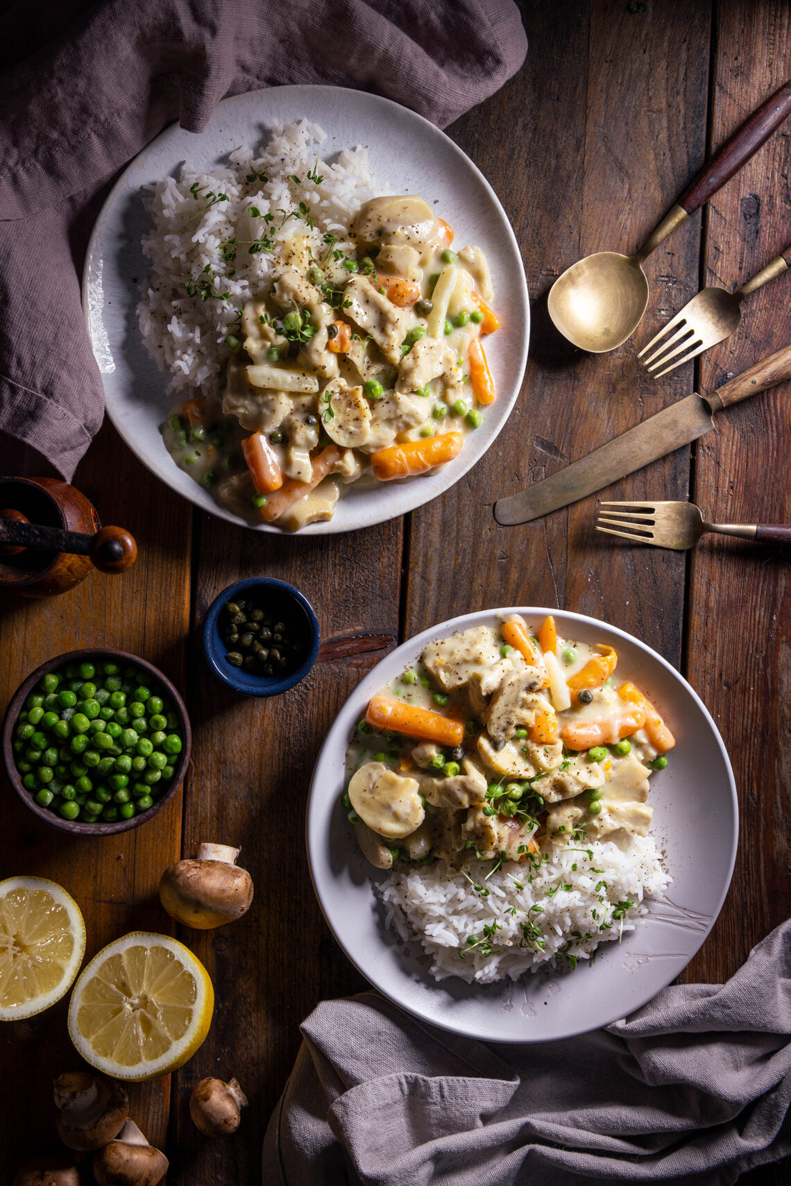 Vegan chicken fricassee - a German traditional dish on two plates